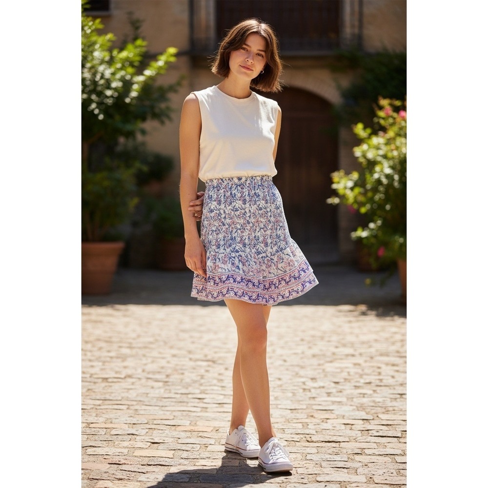 Saylor Smocked Convertible Tube Top Mini Skirt Small Blue Pink Floral Excellent